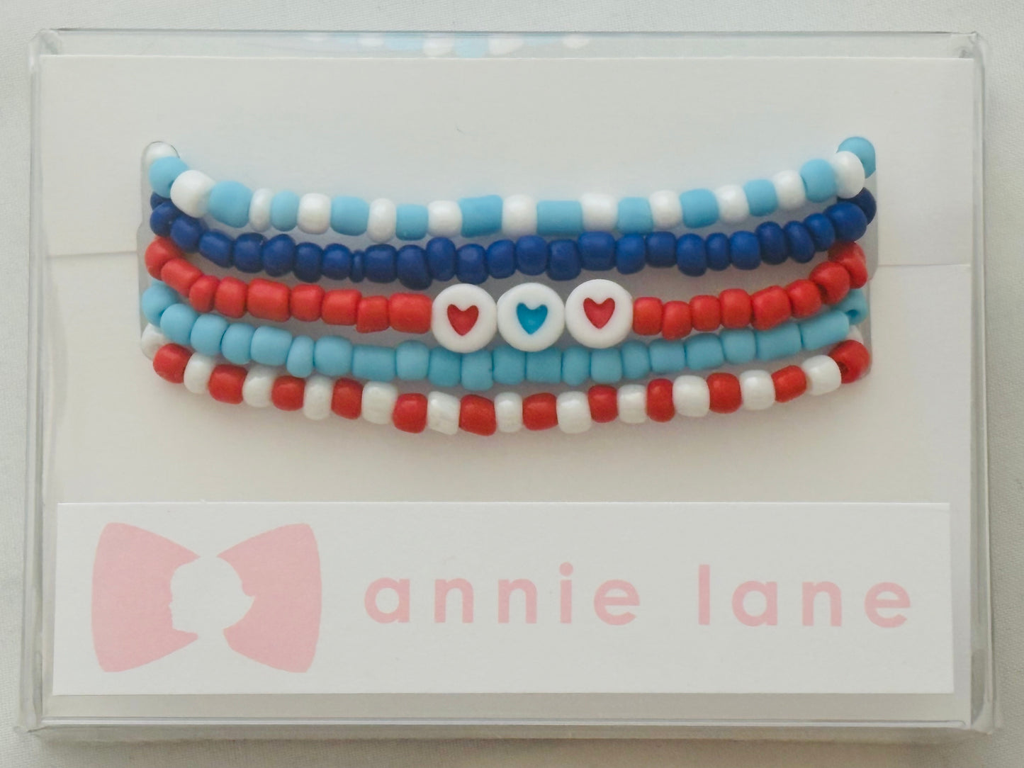 Red, white and blue set of five bracelets